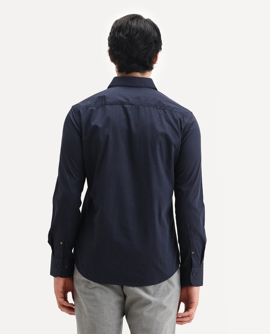 Rare Rabbit Men's Carlin Navy Cotton Striped Print Regular Fit Full Sleeve Collared Shirt