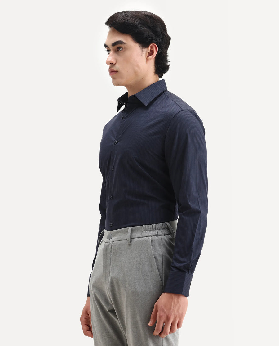 Rare Rabbit Men's Carlin Navy Cotton Striped Print Regular Fit Full Sleeve Collared Shirt