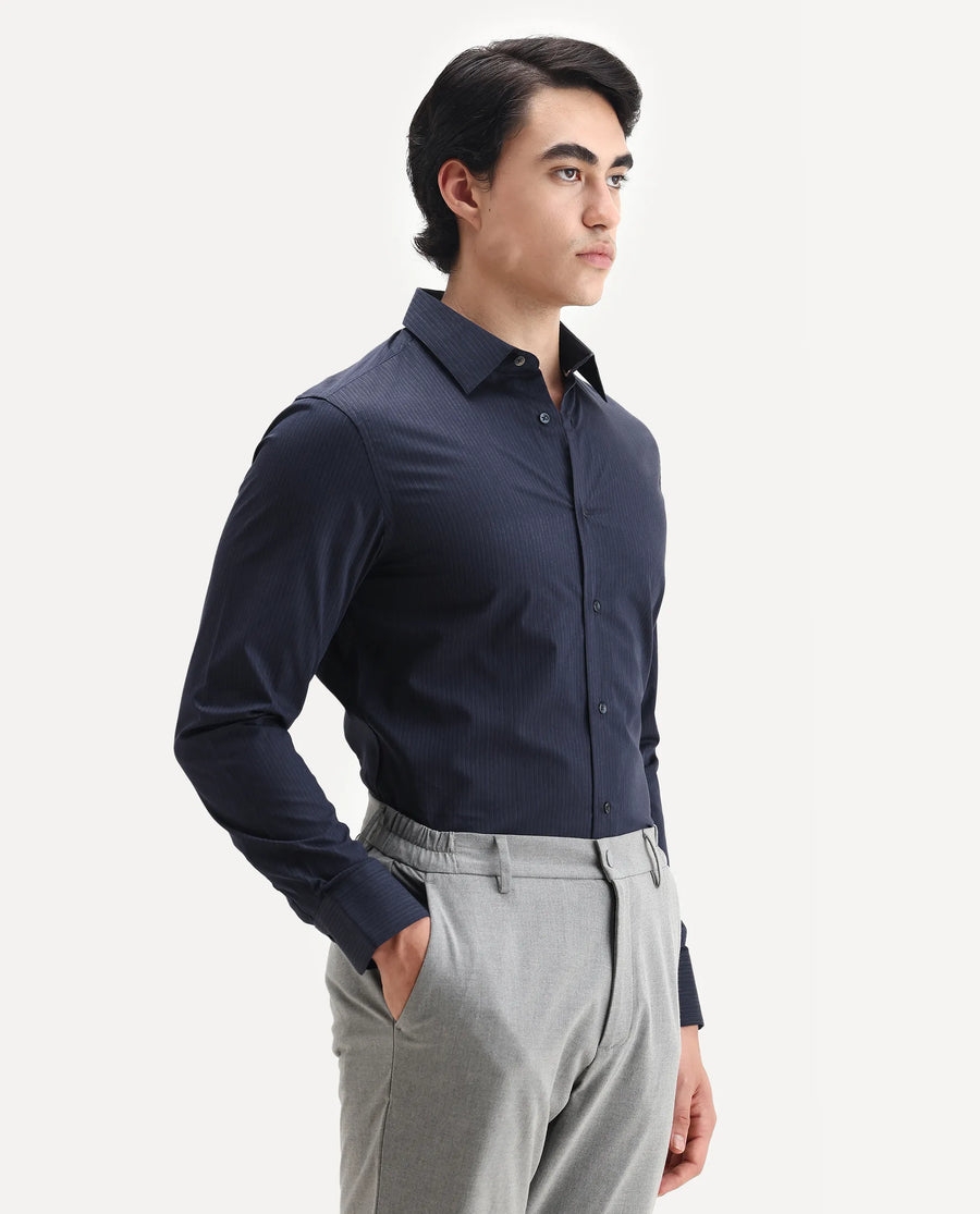 Rare Rabbit Men's Carlin Navy Cotton Striped Print Regular Fit Full Sleeve Collared Shirt