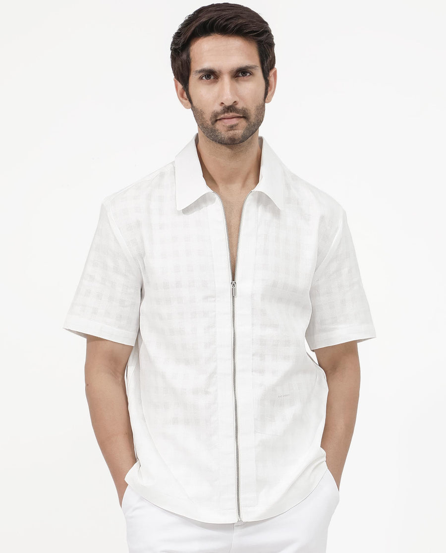 Rare Rabbit Men's Carmenz White Cotton Dobby Print Boxy Fit Half Sleeve Collared Shirt