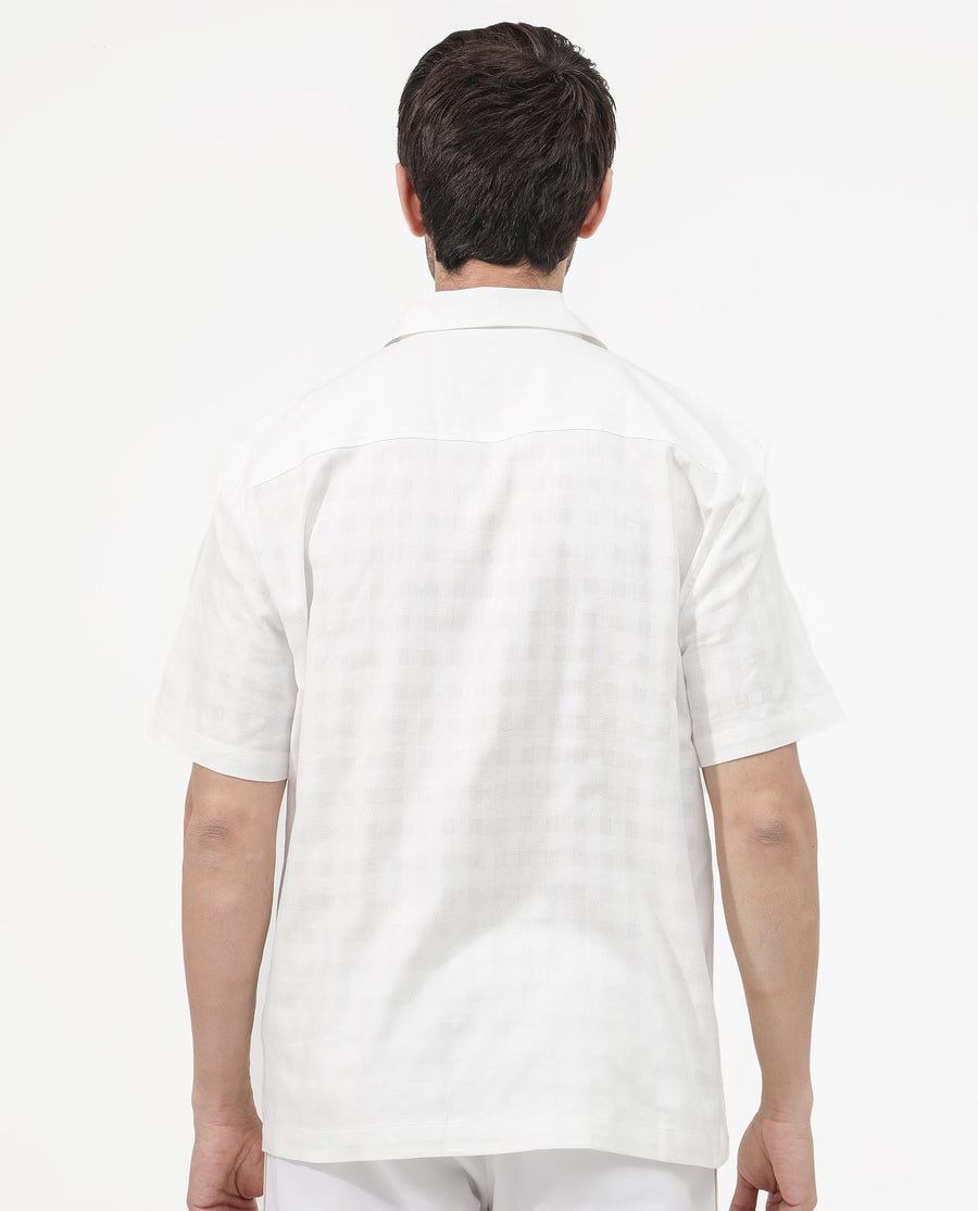 Rare Rabbit Men's Carmenz White Cotton Dobby Print Boxy Fit Half Sleeve Collared Shirt