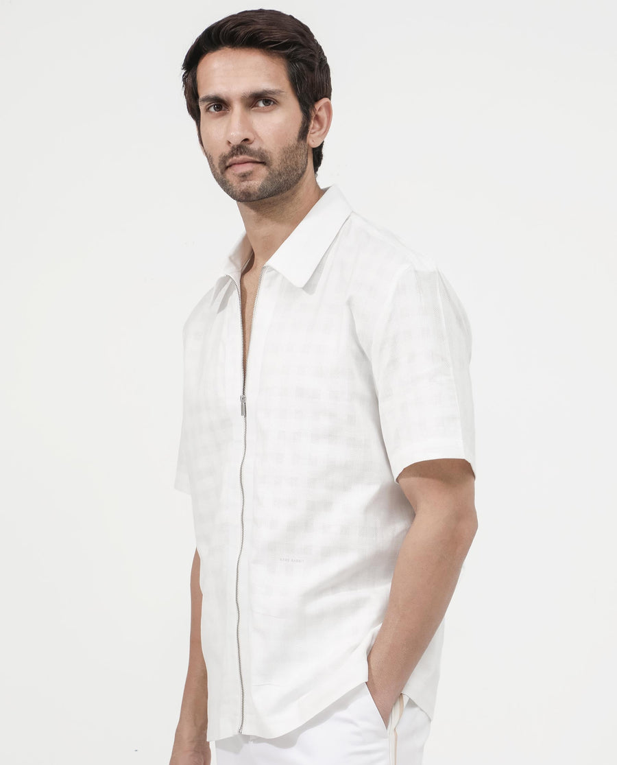 Rare Rabbit Men's Carmenz White Cotton Dobby Print Boxy Fit Half Sleeve Collared Shirt