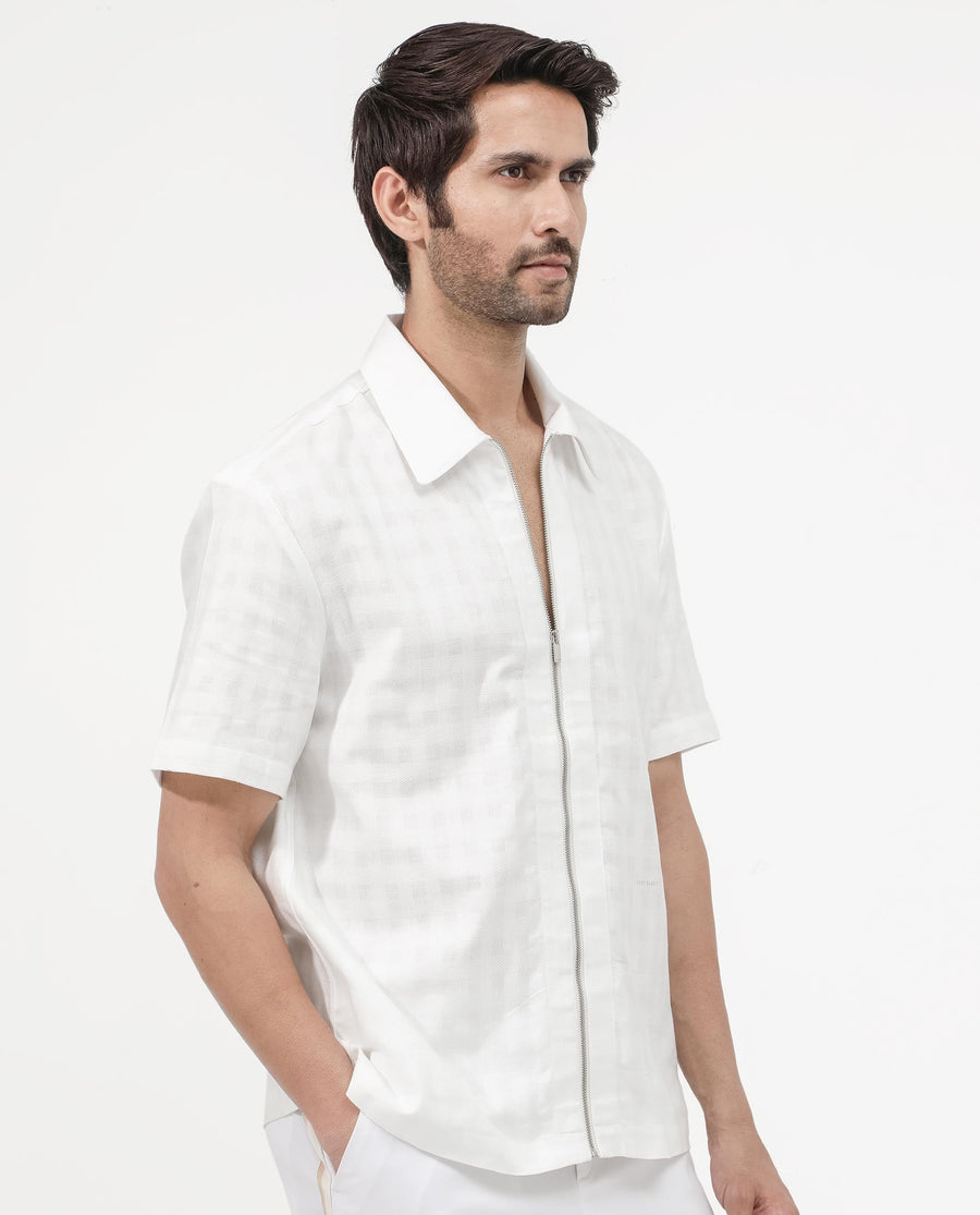 Rare Rabbit Men's Carmenz White Cotton Dobby Print Boxy Fit Half Sleeve Collared Shirt