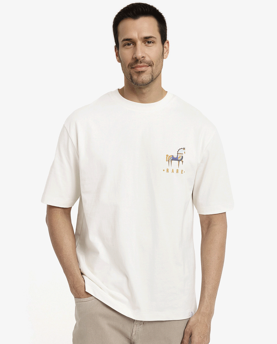 Rare Rabbit Men's Carn Off White Cotton Graphic Print Oversized Fit Half Sleeve Crew Neck T-Shirt