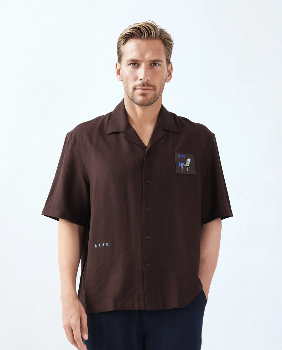 Rare Rabbit Men's Carned Brown Cotton Label Print Boxy Fit Half Sleeve Cuban Collar Shirt