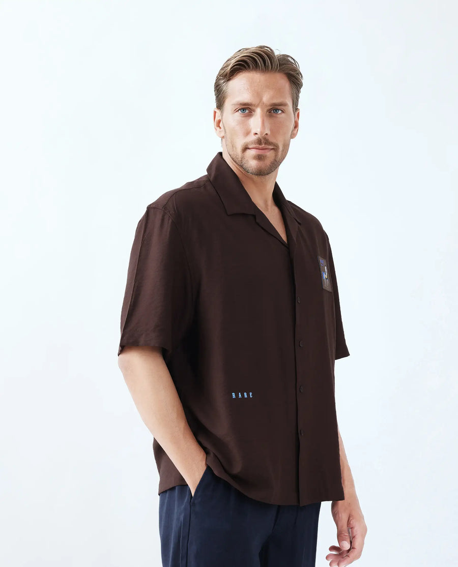 Rare Rabbit Men's Carned Brown Cotton Label Print Boxy Fit Half Sleeve Cuban Collar Shirt