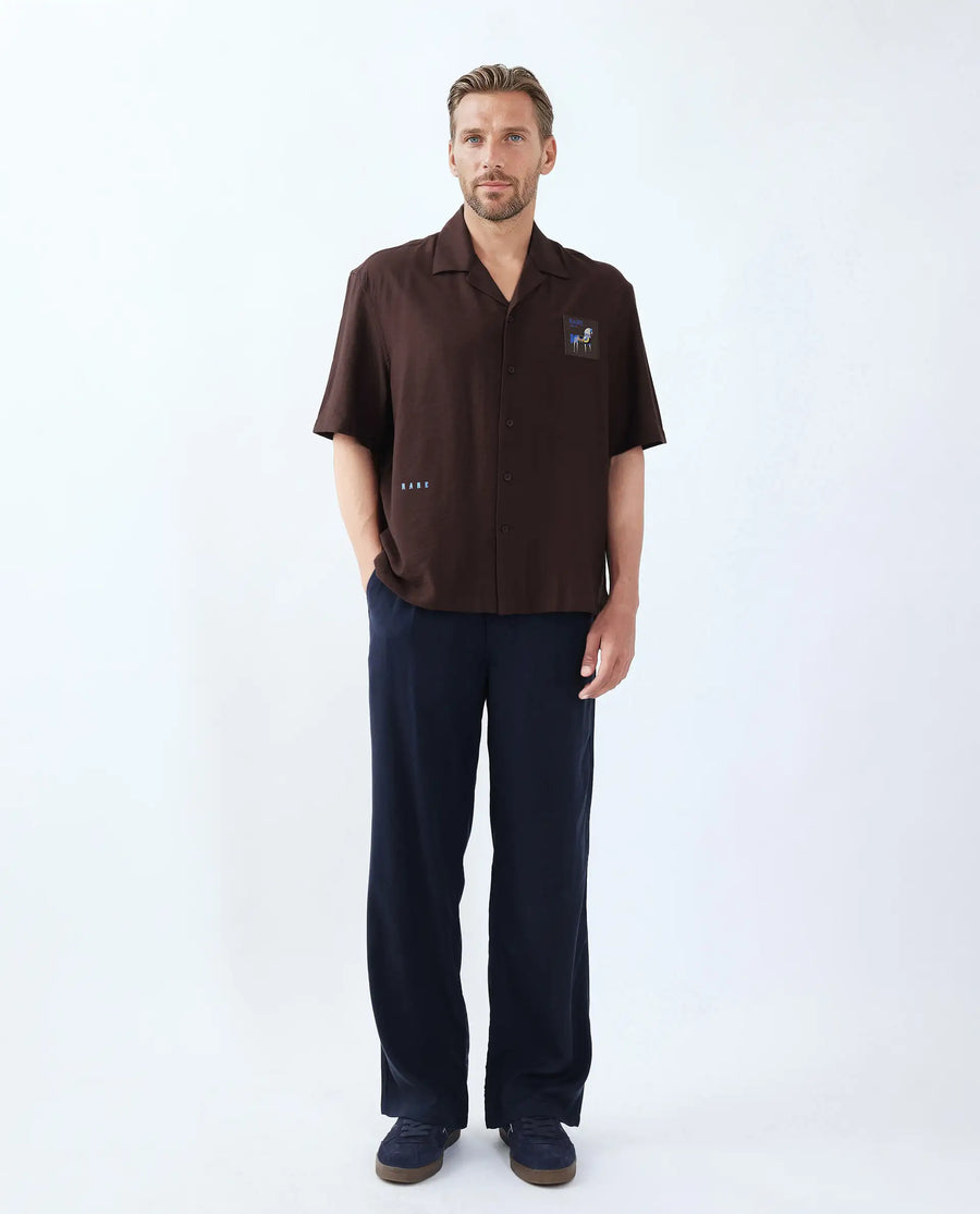 Rare Rabbit Men's Carned Brown Cotton Label Print Boxy Fit Half Sleeve Cuban Collar Shirt