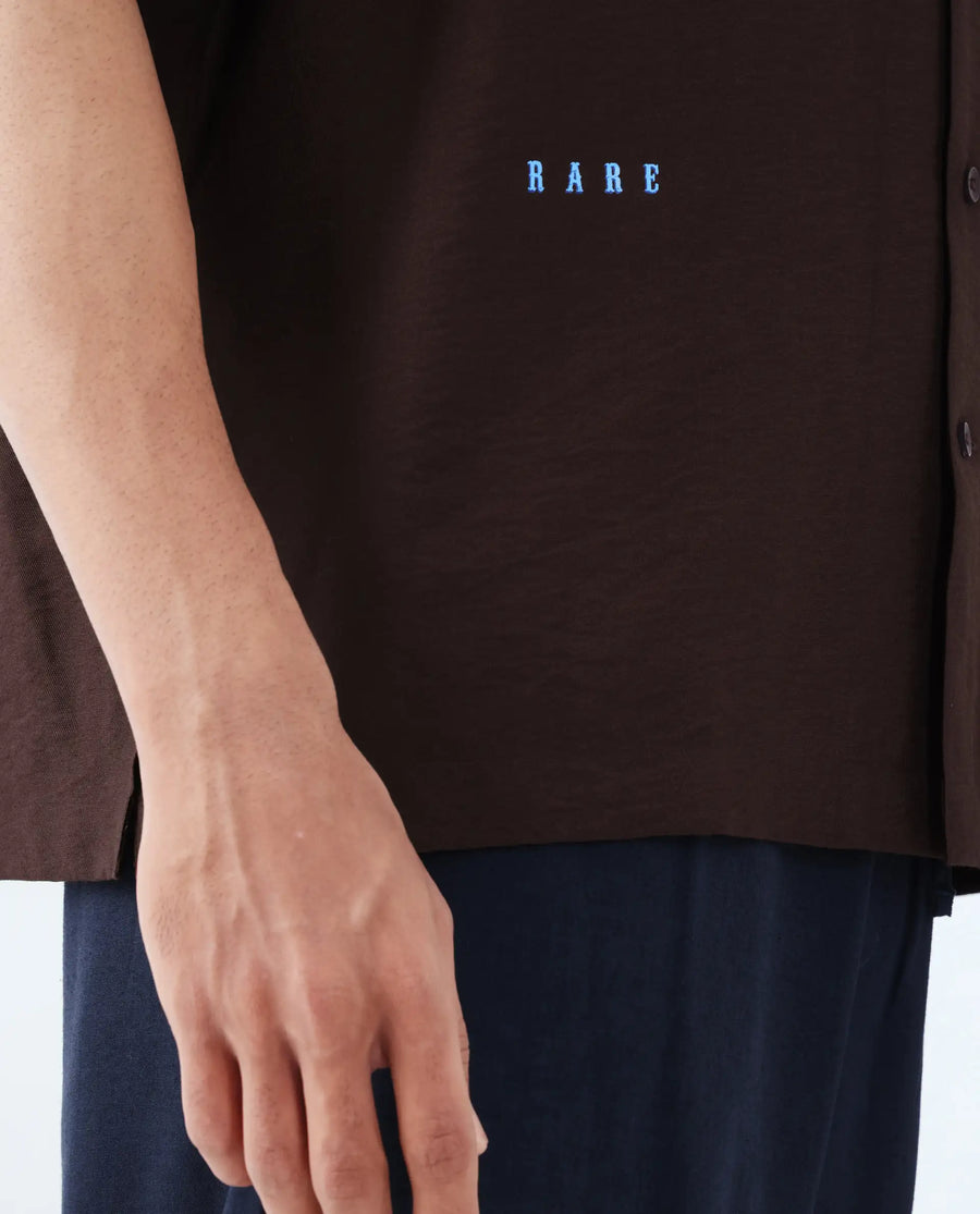 Rare Rabbit Men's Carned Brown Cotton Label Print Boxy Fit Half Sleeve Cuban Collar Shirt