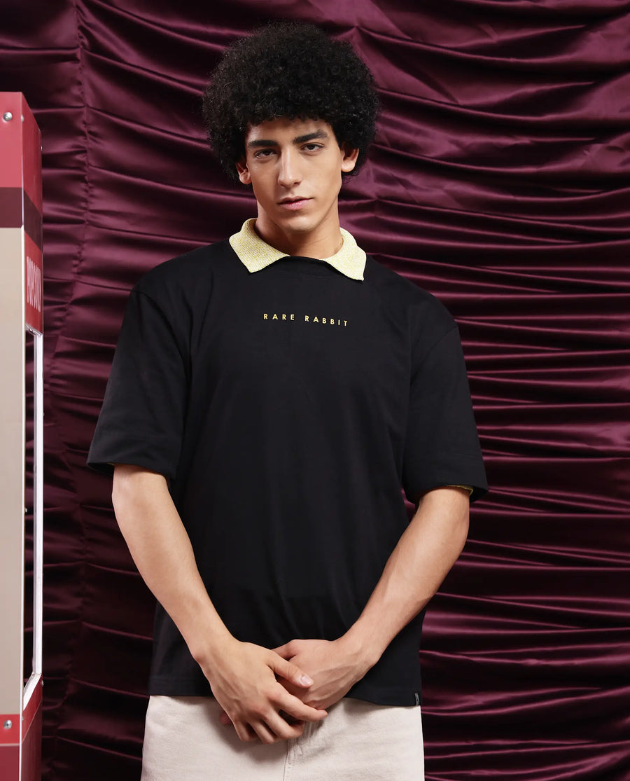 Rare Rabbit Men's Tyga Black Cotton Graphic Print Oversized Fit Half Sleeve Crew Neck T-Shirt