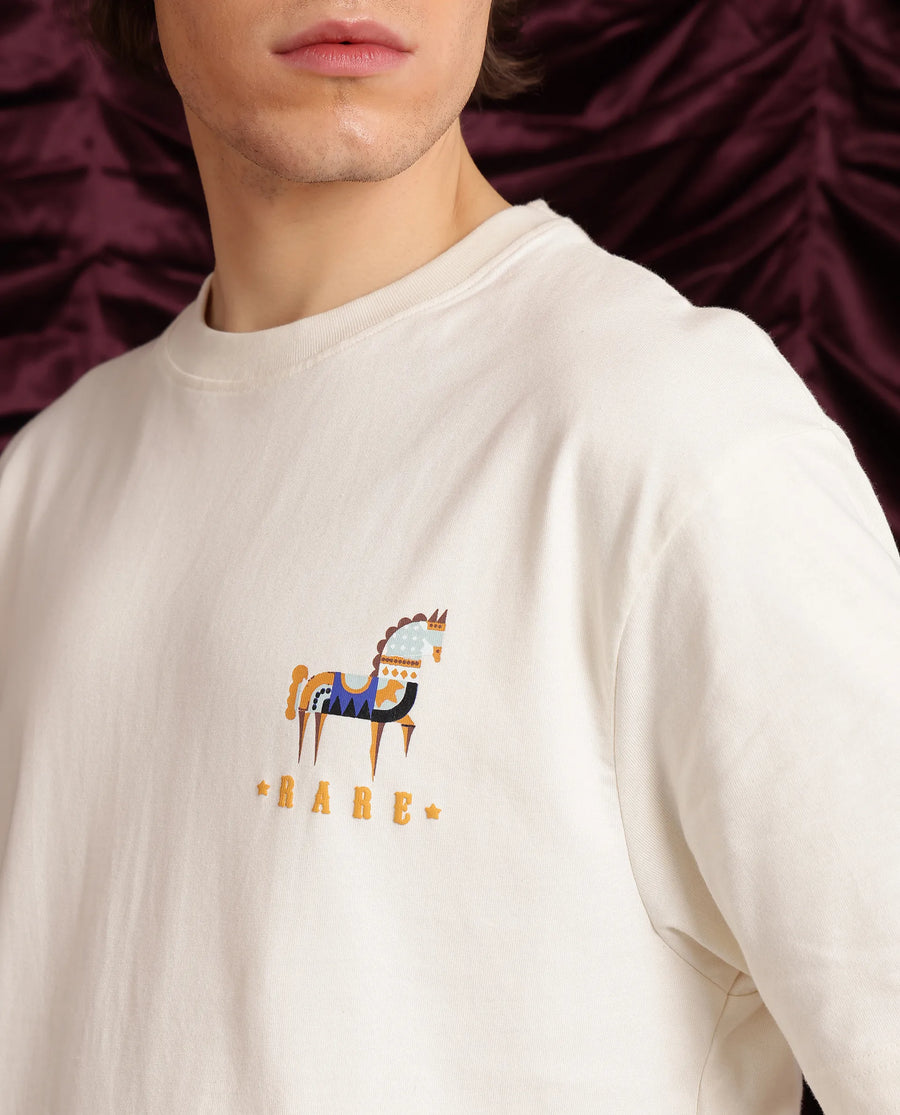 Rare Rabbit Men's Carn Off White Cotton Graphic Print Oversized Fit Half Sleeve Crew Neck T-Shirt