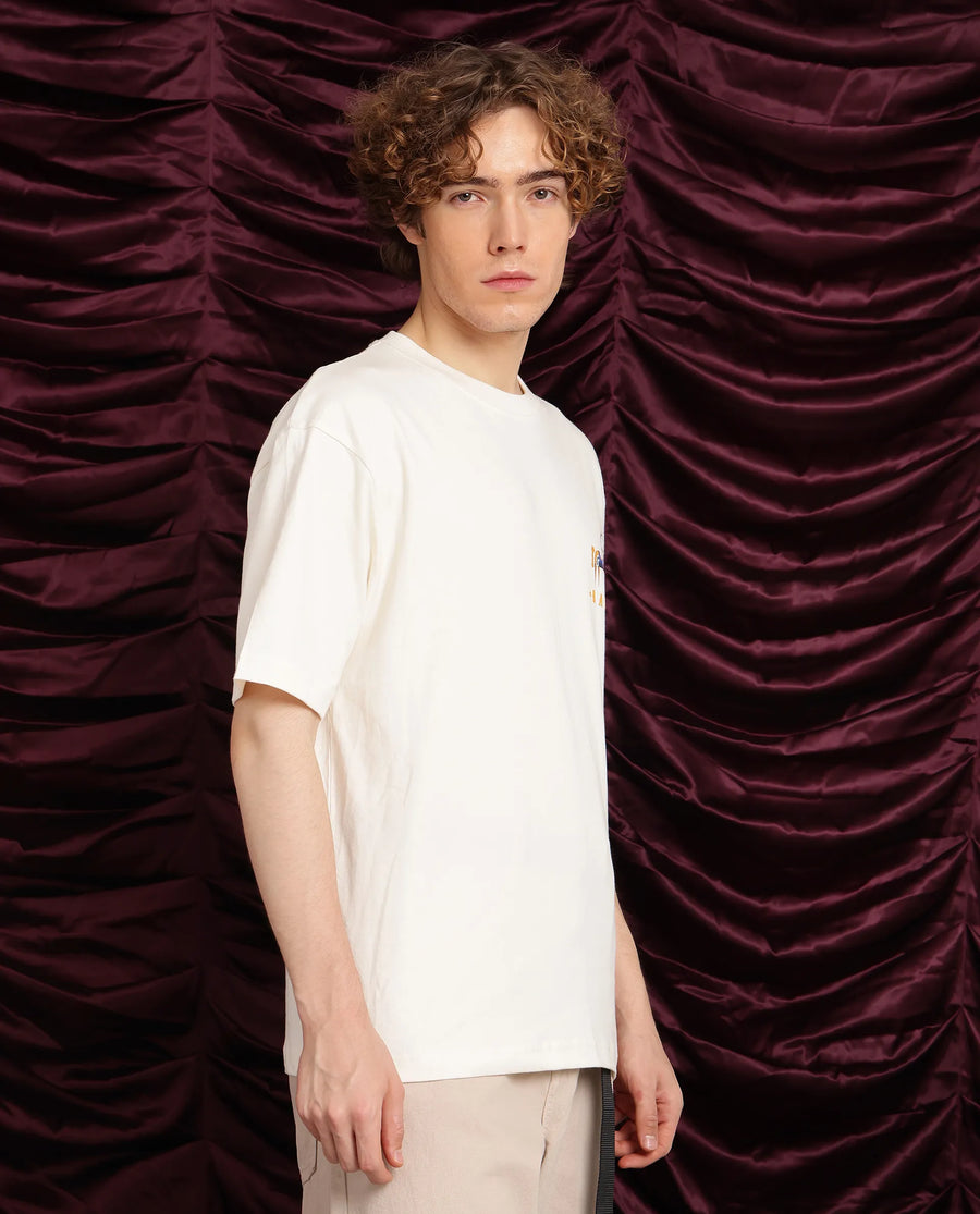 Rare Rabbit Men's Carn Off White Cotton Graphic Print Oversized Fit Half Sleeve Crew Neck T-Shirt