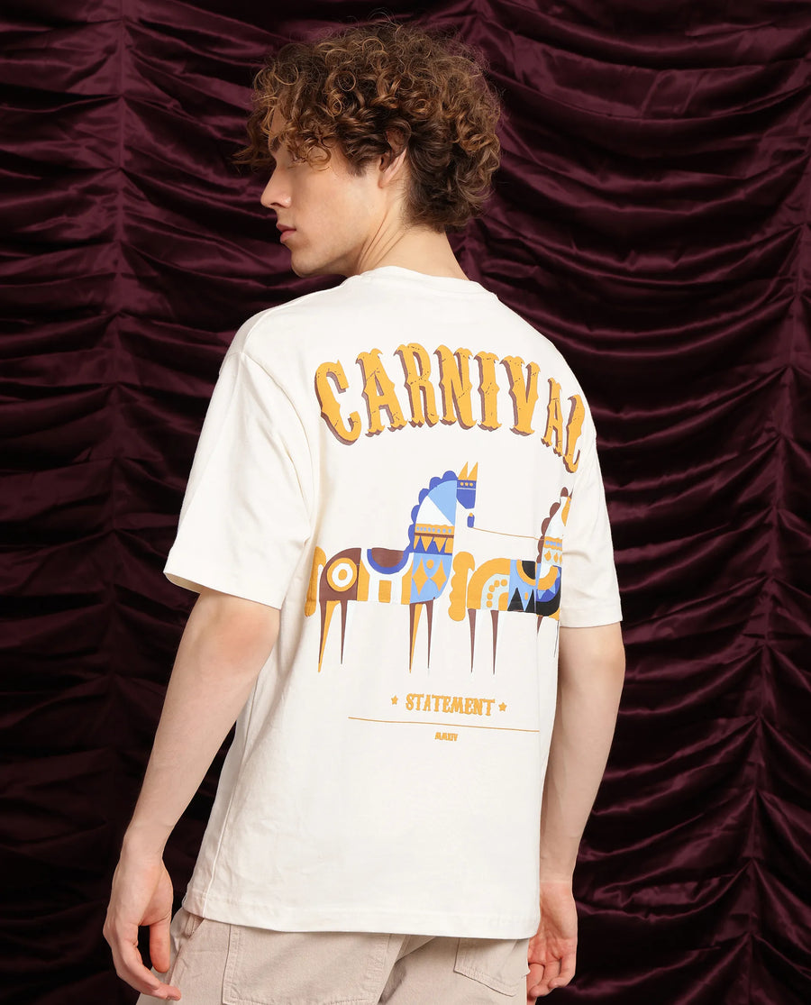 Rare Rabbit Men's Carn Off White Cotton Graphic Print Oversized Fit Half Sleeve Crew Neck T-Shirt