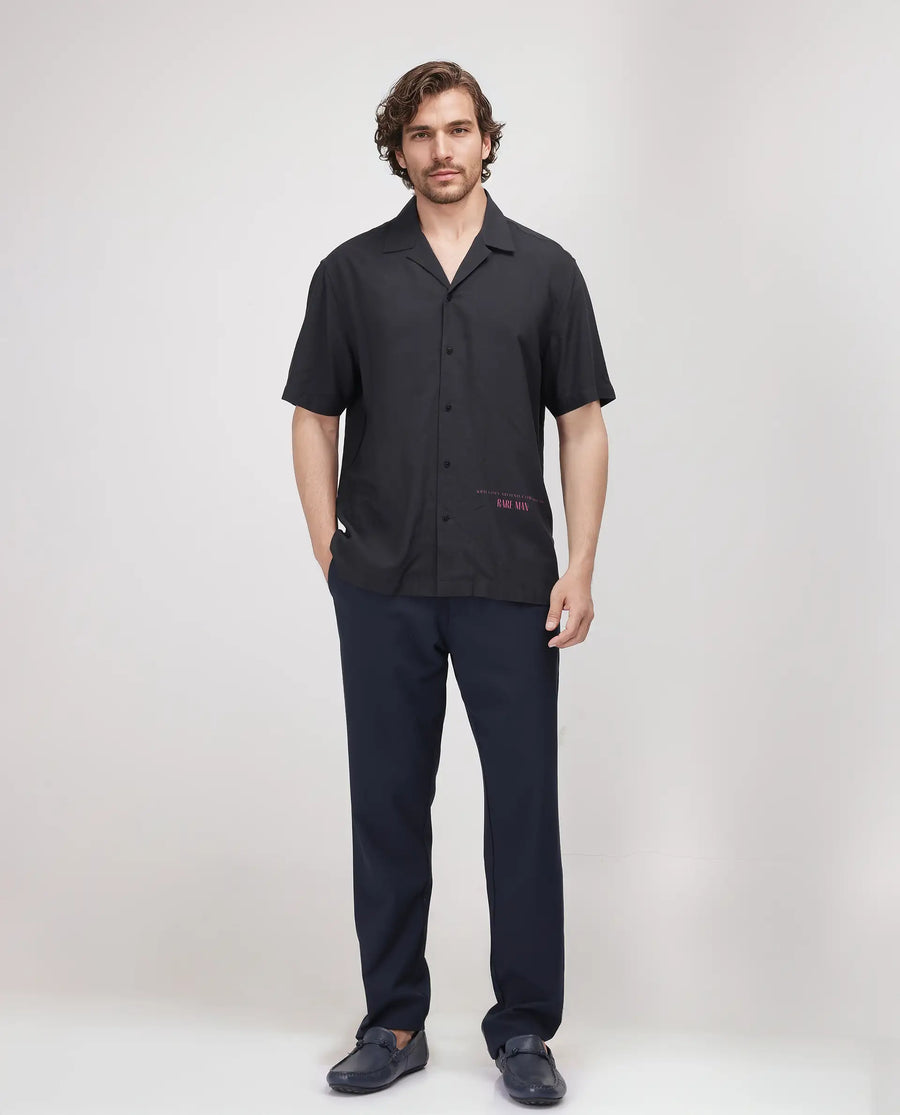 Rare Rabbit Men's Caro-S Black Cotton Graphic Print Boxy Fit Half Sleeve Cuban Collar Shirt