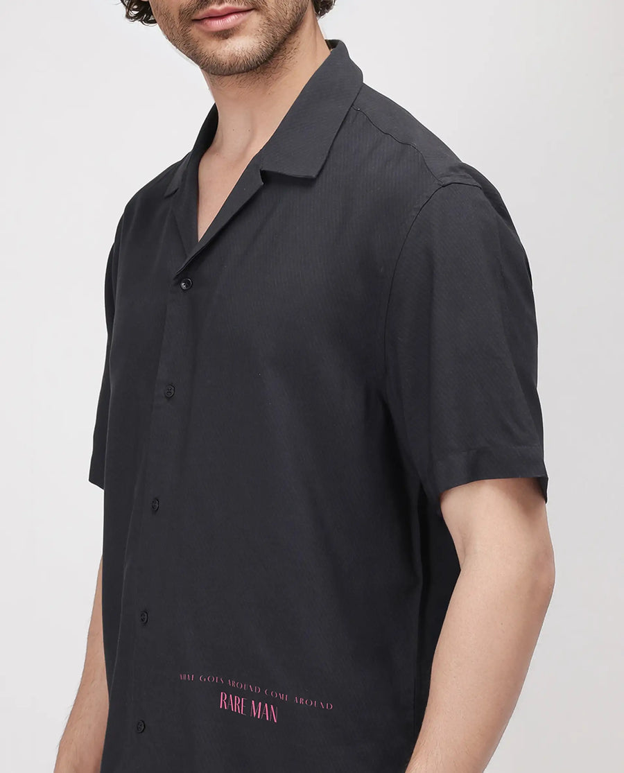 Rare Rabbit Men's Caro-S Black Cotton Graphic Print Boxy Fit Half Sleeve Cuban Collar Shirt