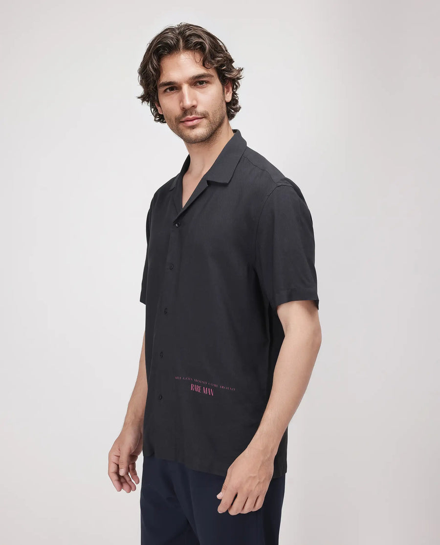 Rare Rabbit Men's Caro-S Black Cotton Graphic Print Boxy Fit Half Sleeve Cuban Collar Shirt