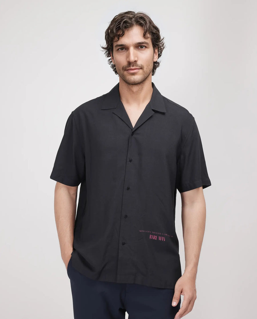 Rare Rabbit Men's Caro-S Black Cotton Graphic Print Boxy Fit Half Sleeve Cuban Collar Shirt