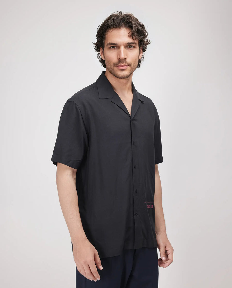 Rare Rabbit Men's Caro-S Black Cotton Graphic Print Boxy Fit Half Sleeve Cuban Collar Shirt