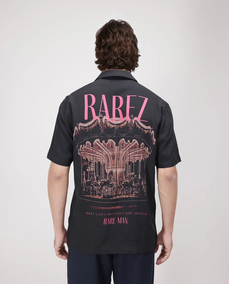 Rare Rabbit Men's Caro-S Black Cotton Graphic Print Boxy Fit Half Sleeve Cuban Collar Shirt