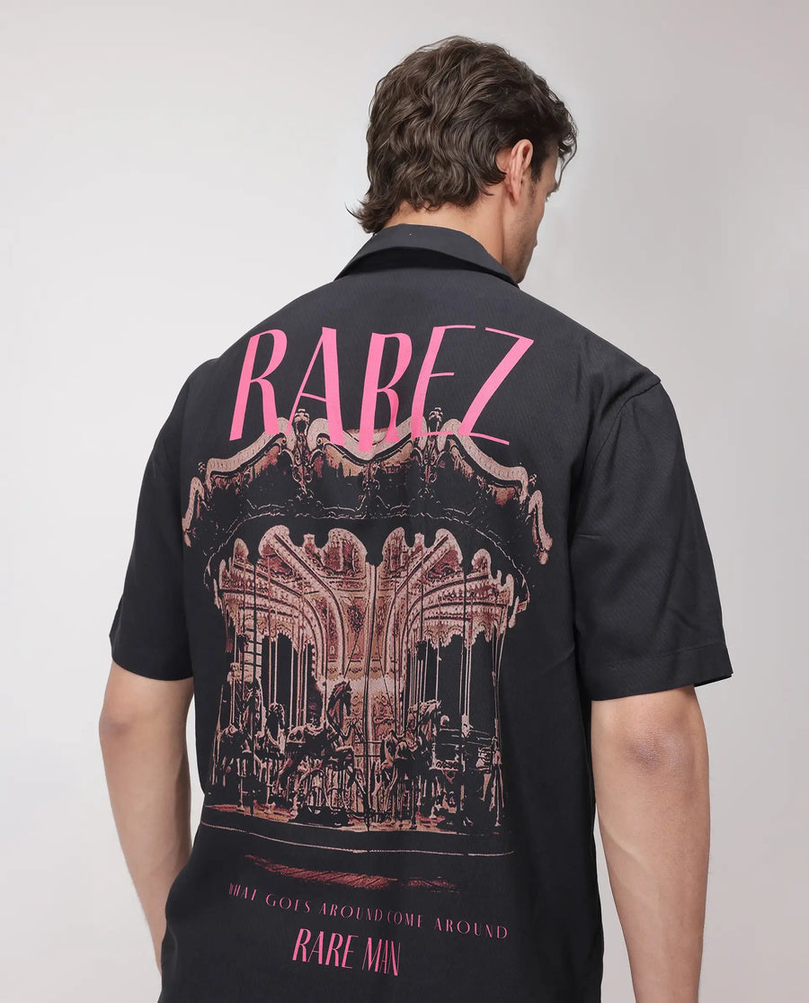 Rare Rabbit Men's Caro-S Black Cotton Graphic Print Boxy Fit Half Sleeve Cuban Collar Shirt