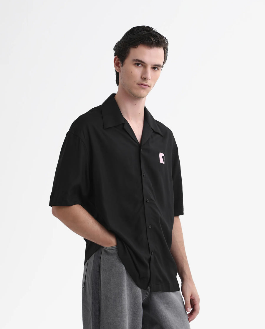 Rare Rabbit Men's Caroo Black Cotton Graphic Print Boxy Fit Half Sleeve Cuban Collar Shirt