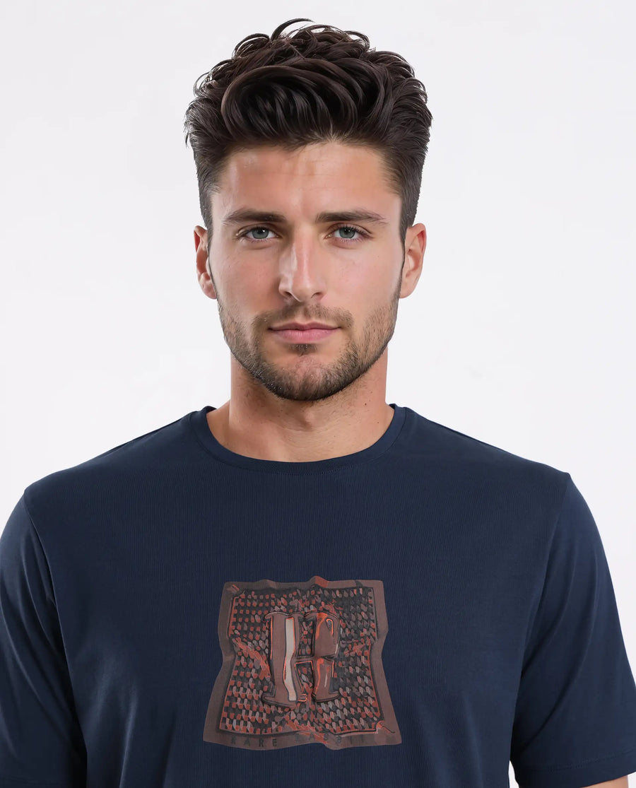 Rare Rabbit Men's Carp Dark Teal Cotton Blend Graphic Print Regular Fit Half Sleeve Crew Neck T-Shirt