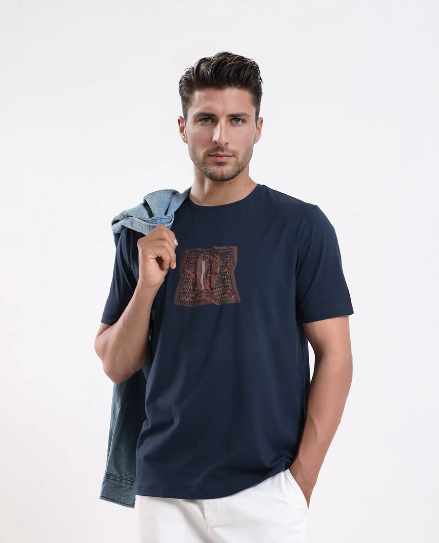 Rare Rabbit Men's Carp Dark Teal Cotton Blend Graphic Print Regular Fit Half Sleeve Crew Neck T-Shirt