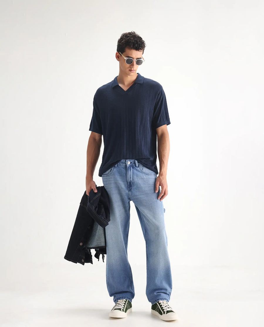 Rare Rabbit Men's Carpenter-2 Blue Cotton Plain Carpenter Fit Jeans