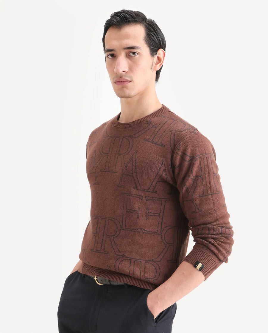 Rare Rabbit Men's Carrit Brown Cotton Monogram Print Regular Fit Full Sleeve Crew Neck Sweater