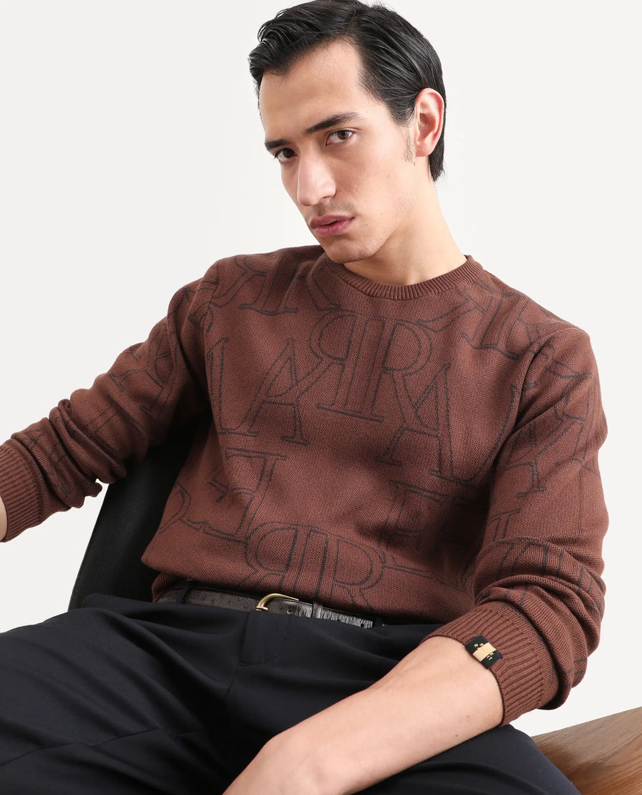 Rare Rabbit Men's Carrit Brown Cotton Monogram Print Regular Fit Full Sleeve Crew Neck Sweater