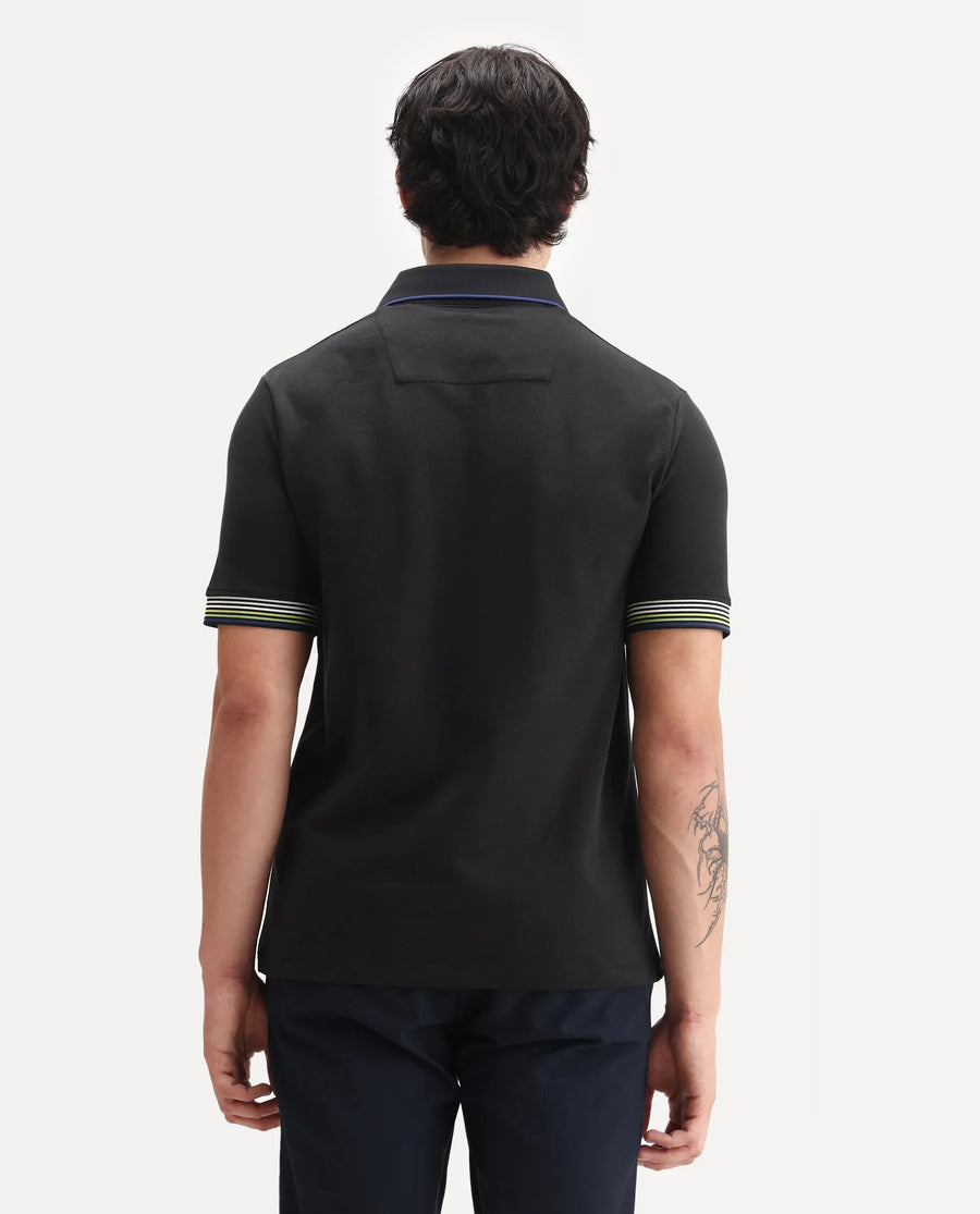 Rare Rabbit Men's Carter Black Cotton Blend Plain Regular Fit Half Sleeve Polo