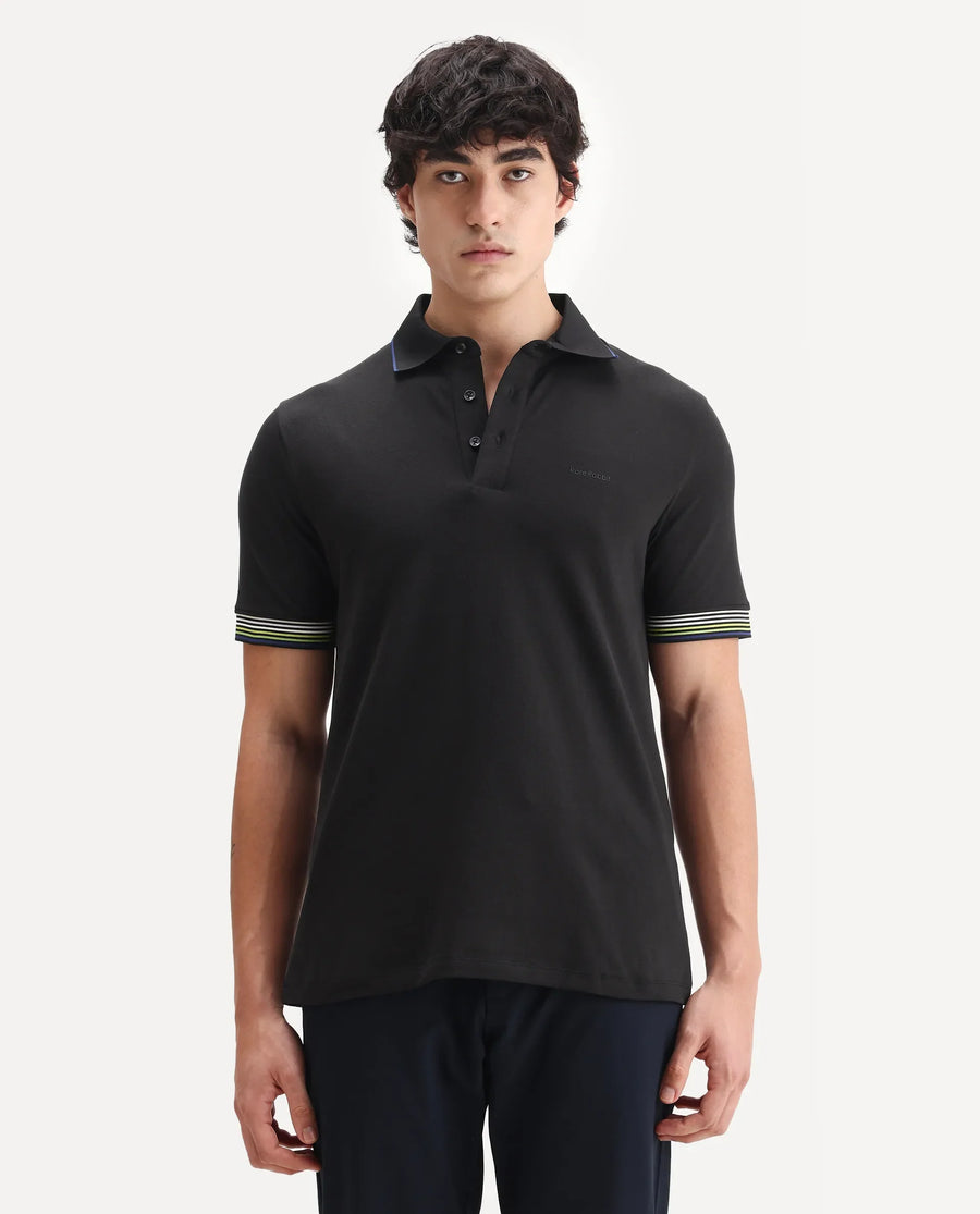 Rare Rabbit Men's Carter Black Cotton Blend Plain Regular Fit Half Sleeve Polo