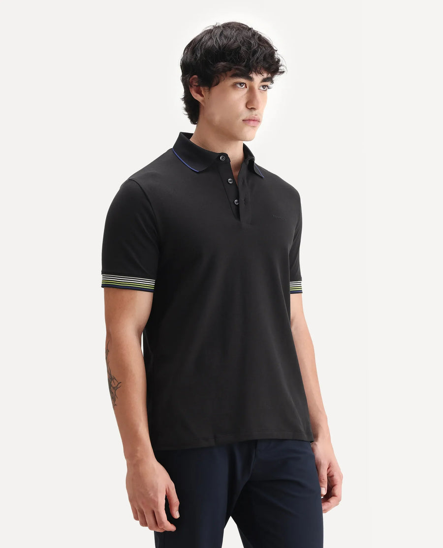 Rare Rabbit Men's Carter Black Cotton Blend Plain Regular Fit Half Sleeve Polo