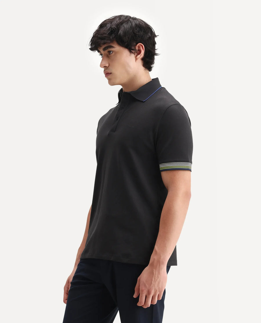 Rare Rabbit Men's Carter Black Cotton Blend Plain Regular Fit Half Sleeve Polo