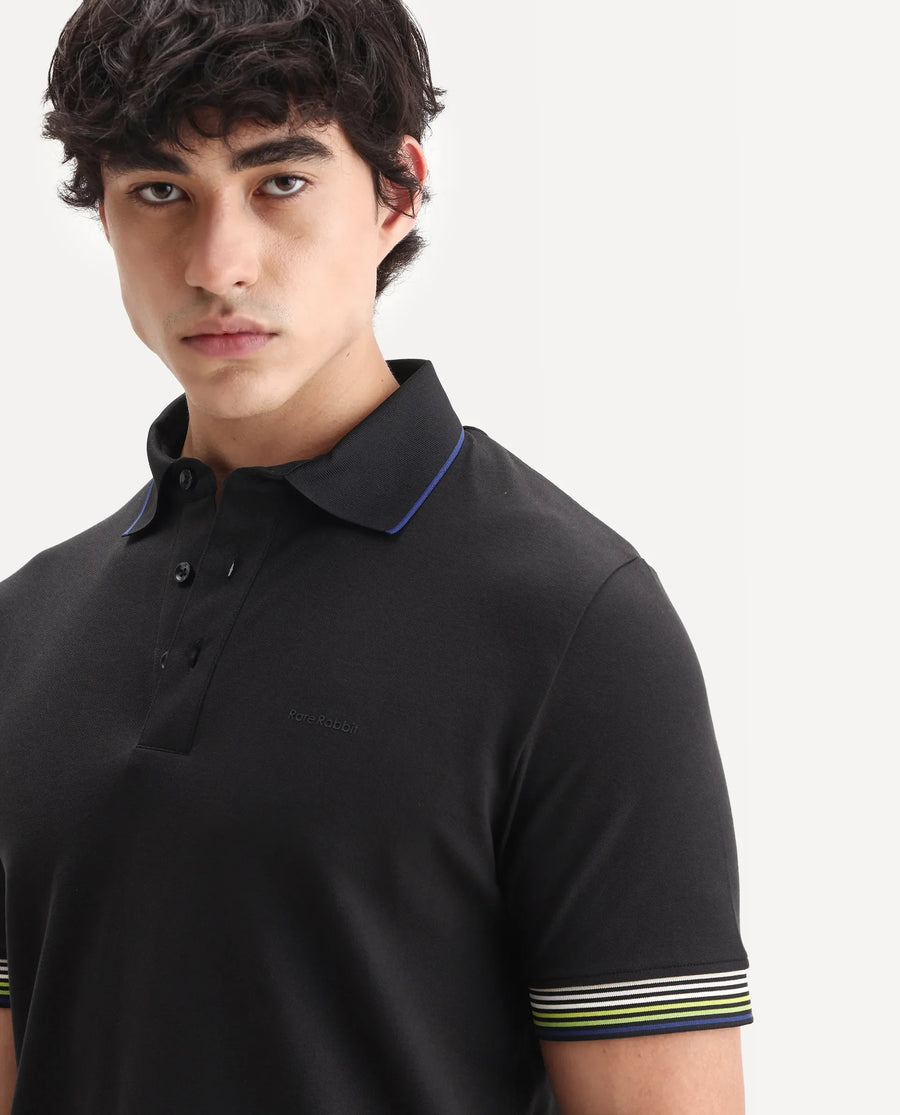 Rare Rabbit Men's Carter Black Cotton Blend Plain Regular Fit Half Sleeve Polo