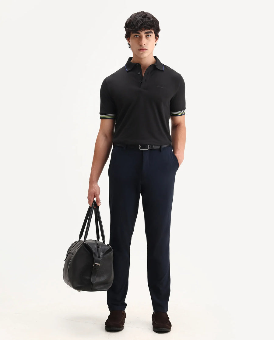 Rare Rabbit Men's Carter Black Cotton Blend Plain Regular Fit Half Sleeve Polo