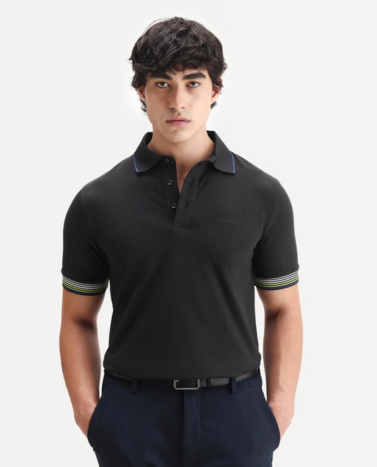 Rare Rabbit Men's Carter Black Cotton Blend Plain Regular Fit Half Sleeve Polo