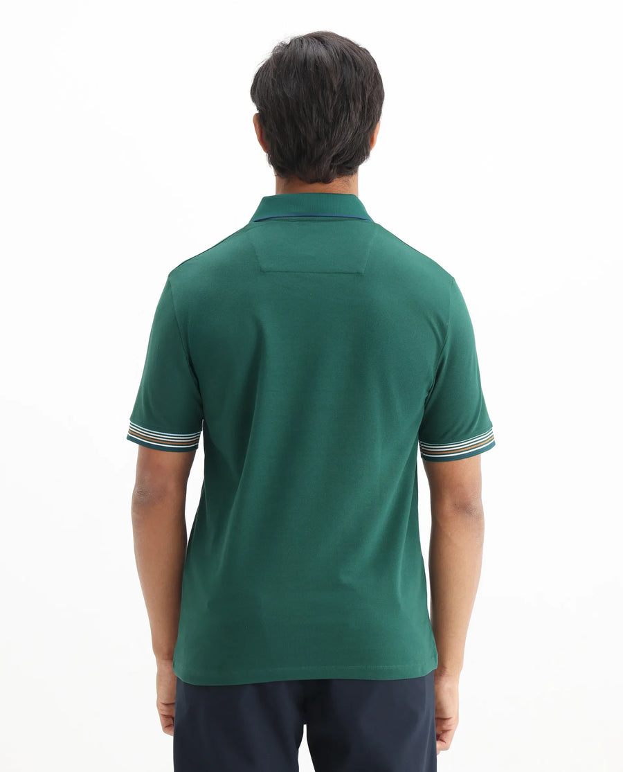 Rare Rabbit Men's Carter Dark Green Cotton Blend Plain Regular Fit Half Sleeve Polo