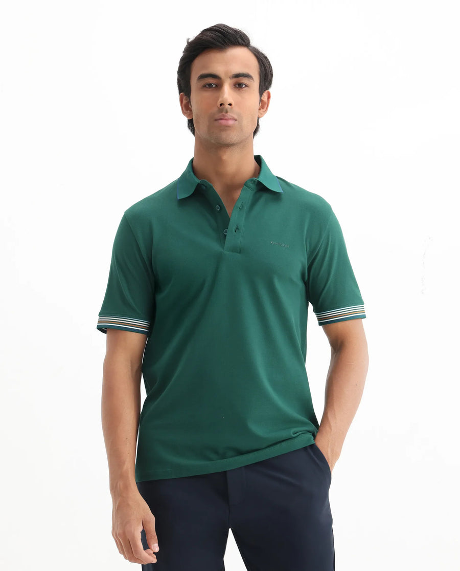 Rare Rabbit Men's Carter Dark Green Cotton Blend Plain Regular Fit Half Sleeve Polo