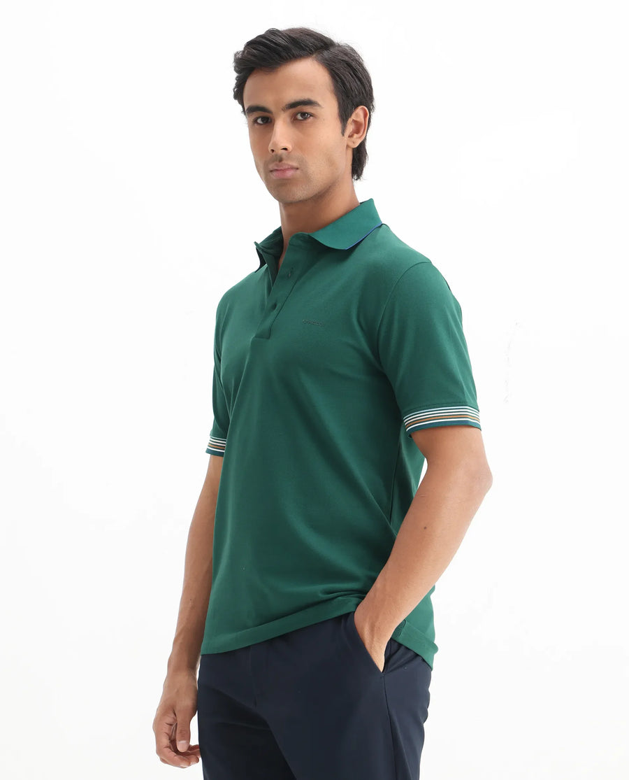 Rare Rabbit Men's Carter Dark Green Cotton Blend Plain Regular Fit Half Sleeve Polo