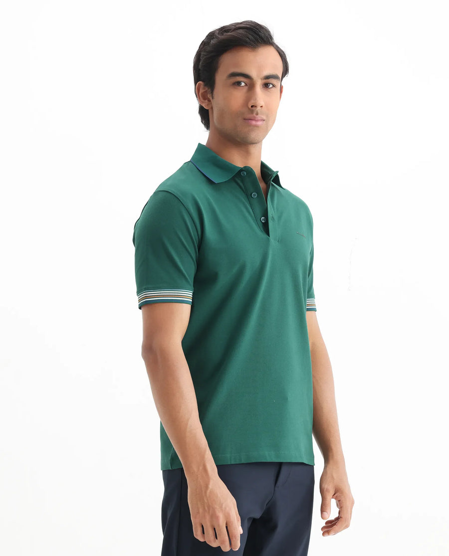 Rare Rabbit Men's Carter Dark Green Cotton Blend Plain Regular Fit Half Sleeve Polo
