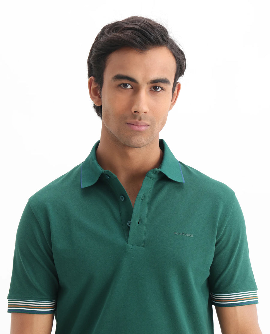 Rare Rabbit Men's Carter Dark Green Cotton Blend Plain Regular Fit Half Sleeve Polo