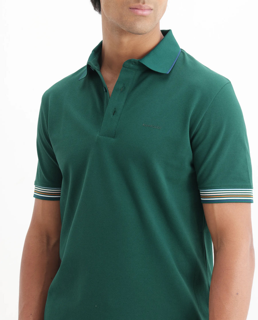 Rare Rabbit Men's Carter Dark Green Cotton Blend Plain Regular Fit Half Sleeve Polo