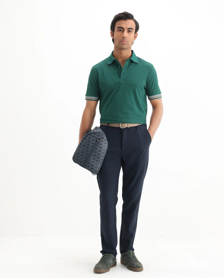 Rare Rabbit Men's Carter Dark Green Cotton Blend Plain Regular Fit Half Sleeve Polo
