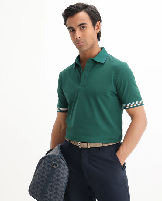 Rare Rabbit Men's Carter Dark Green Cotton Blend Plain Regular Fit Half Sleeve Polo