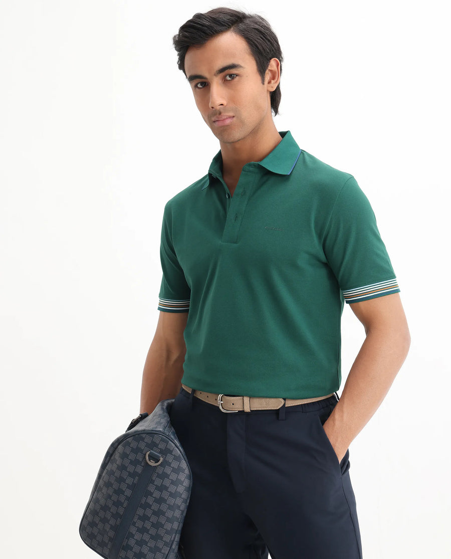 Rare Rabbit Men's Carter Dark Green Cotton Blend Plain Regular Fit Half Sleeve Polo