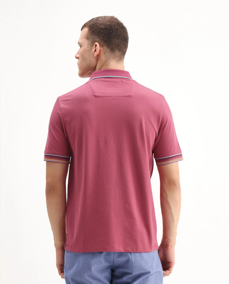 Rare Rabbit Men's Carter Pink Cotton Blend Plain Regular Fit Half Sleeve Polo