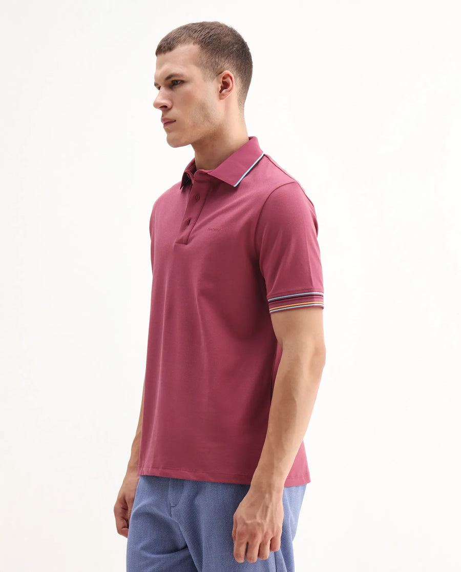 Rare Rabbit Men's Carter Pink Cotton Blend Plain Regular Fit Half Sleeve Polo