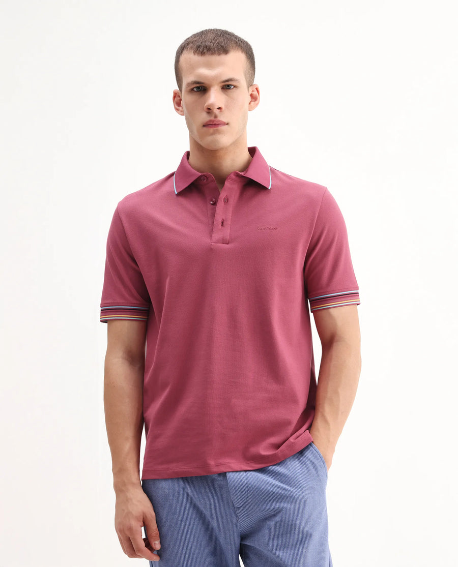 Rare Rabbit Men's Carter Pink Cotton Blend Plain Regular Fit Half Sleeve Polo