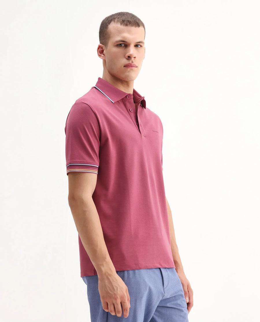 Rare Rabbit Men's Carter Pink Cotton Blend Plain Regular Fit Half Sleeve Polo