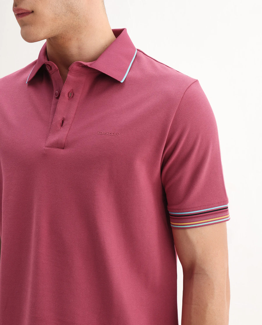 Rare Rabbit Men's Carter Pink Cotton Blend Plain Regular Fit Half Sleeve Polo